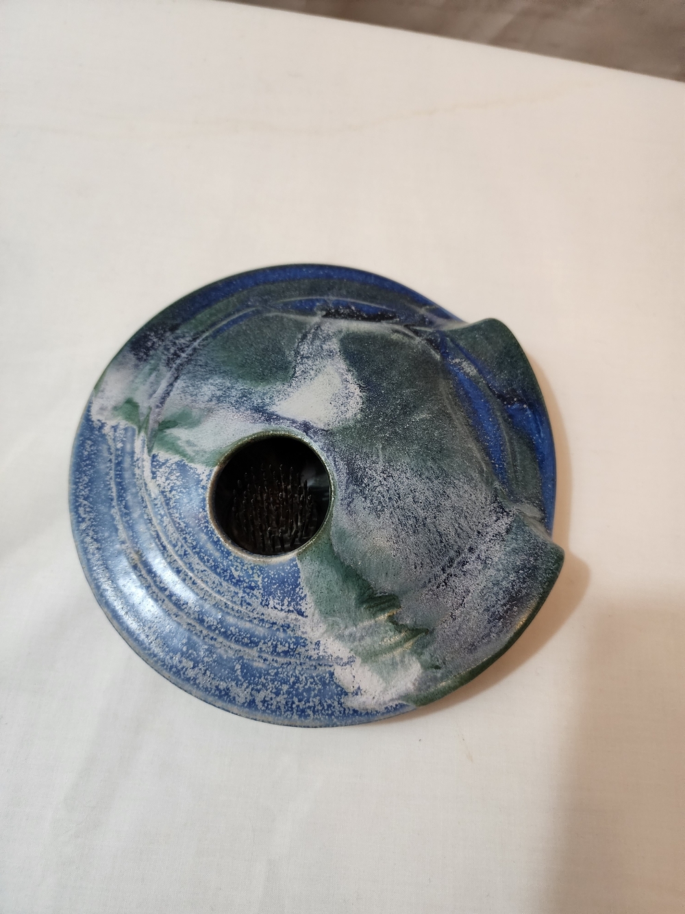 Ceramic Ikebana Flower Frog in Blue and Green Glaze